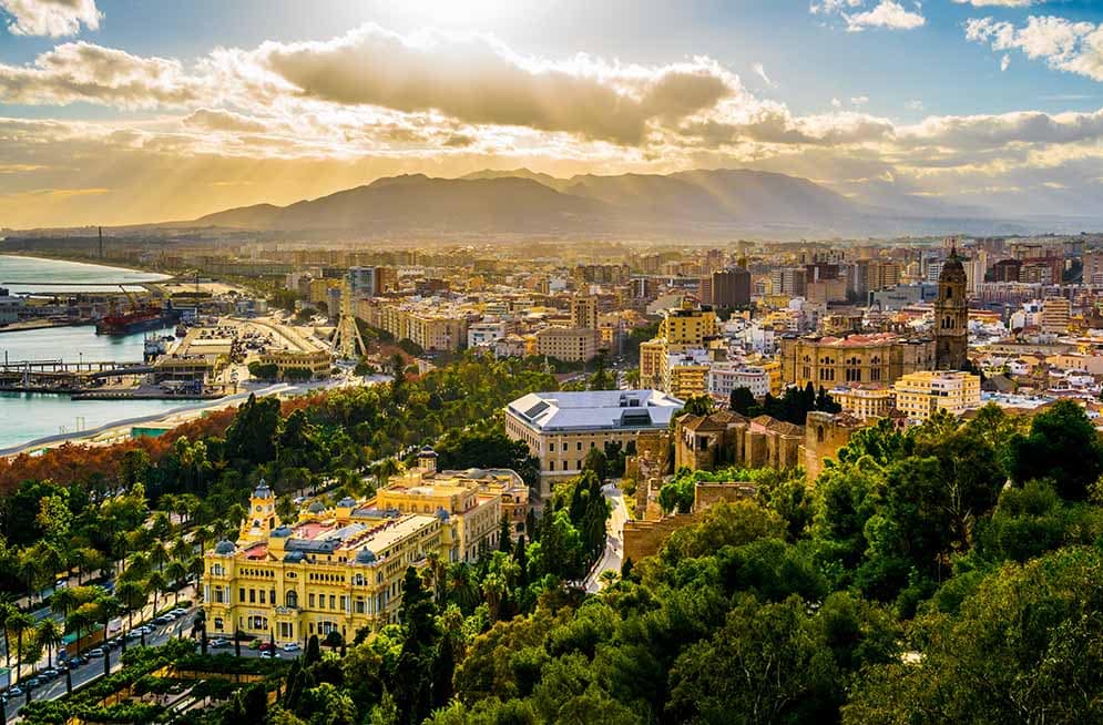 Aerial view of malaga with port, town hall and cathedral