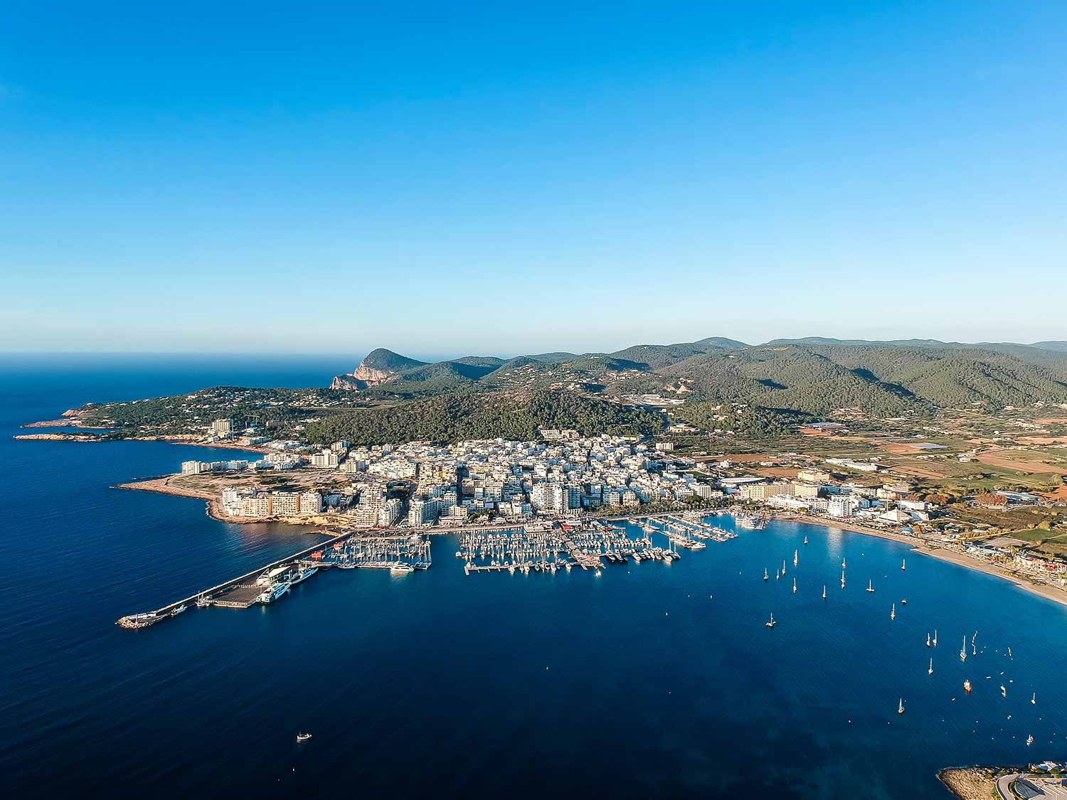 aerial drone view of San Antonio, bay and coast in Ibiza