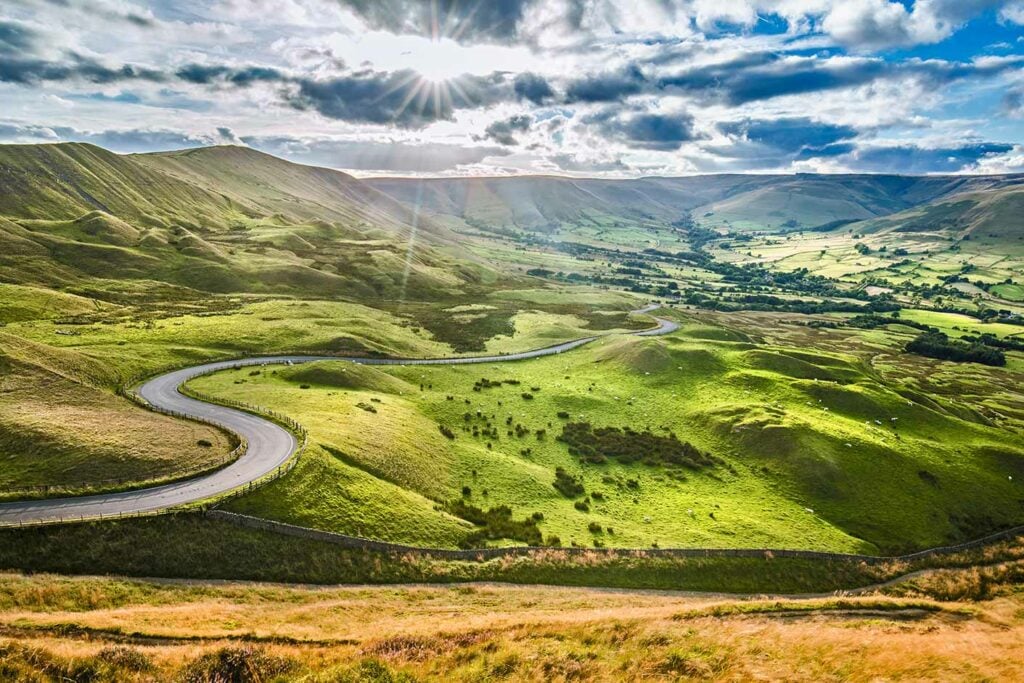 Scenic Serpentine Road in Peak District UK_