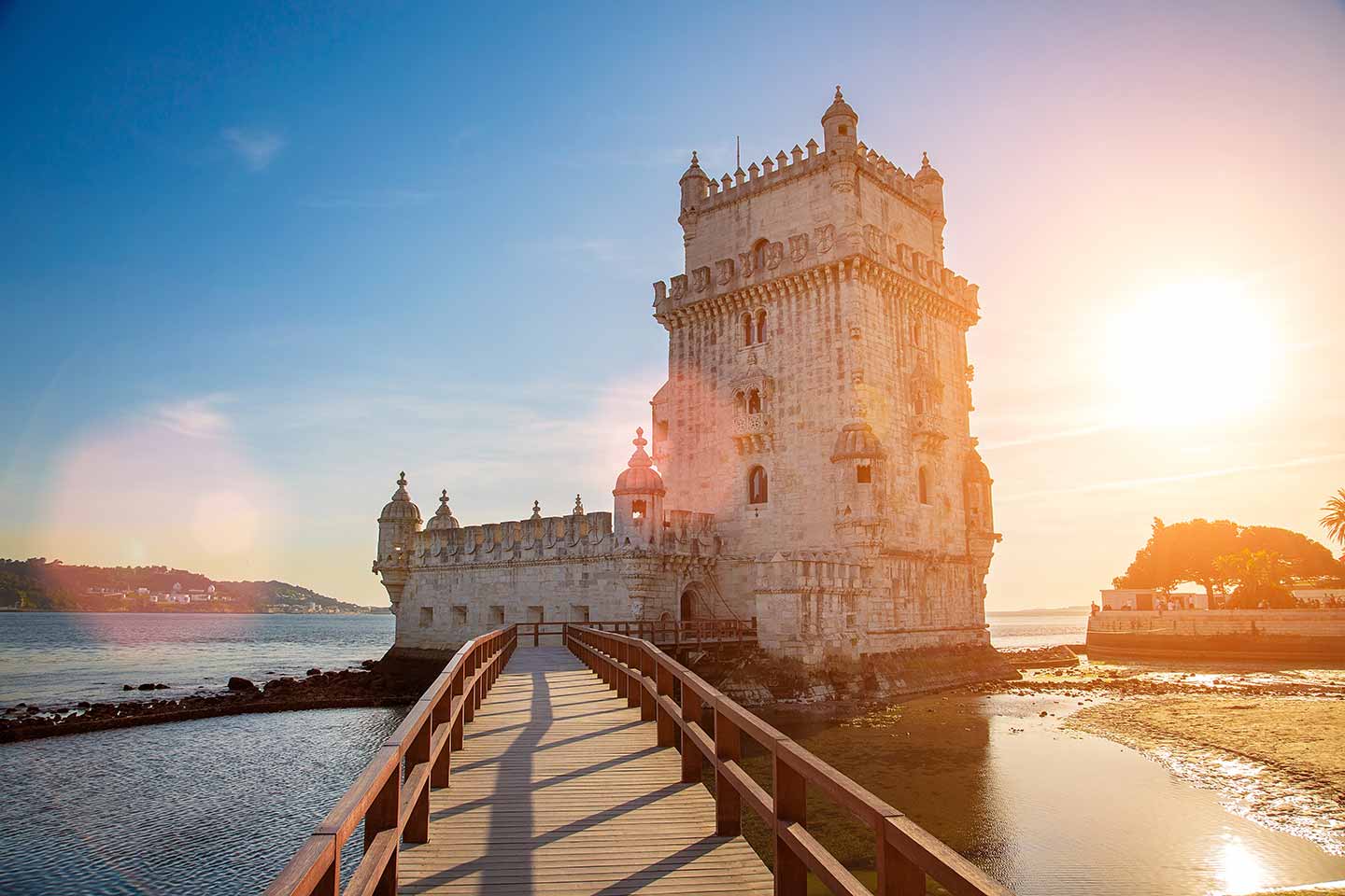 Lisbon, Belem Tower at sunset on the bank of the Tagus River