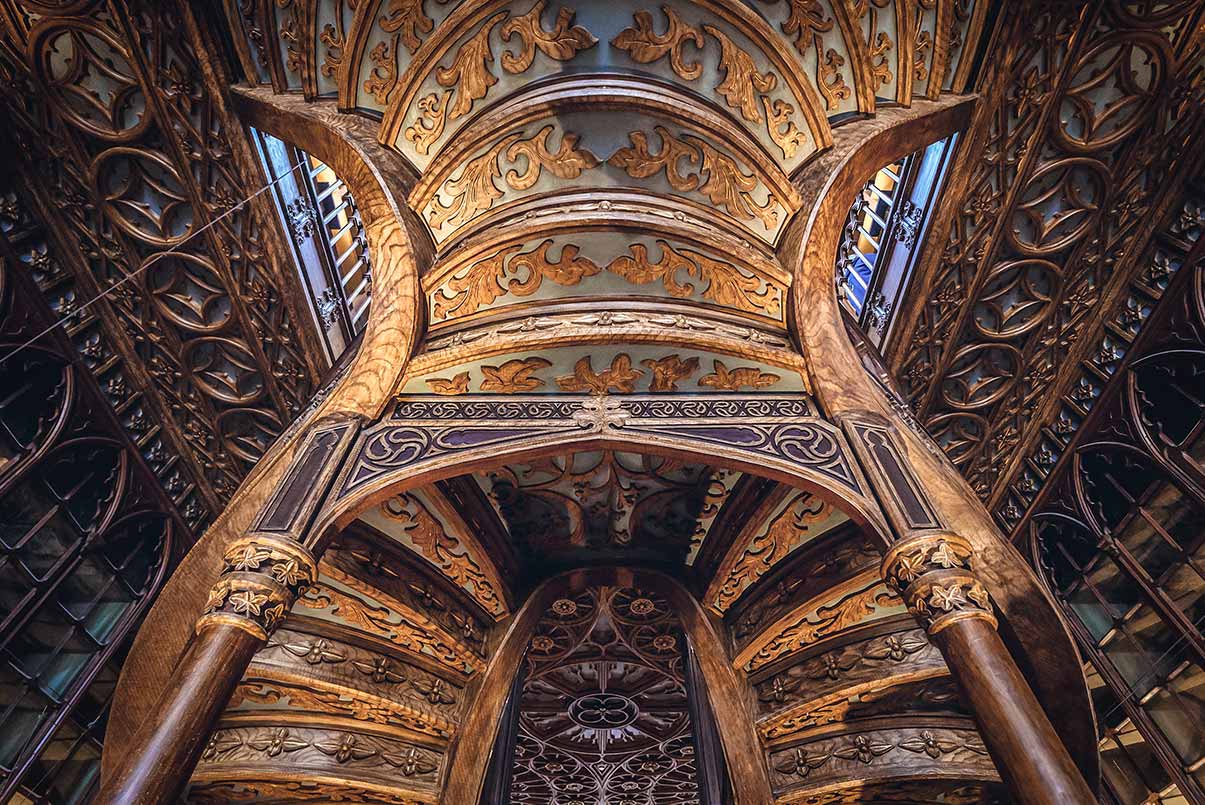 Ornate staircase at Livraria Lello bookstore in Porto,