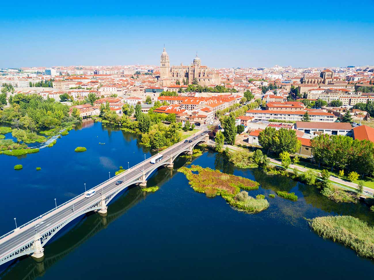 aerial view of bridge leading to Salamanca, Spain